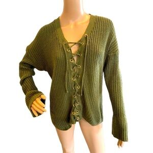 Mrs. Maggie Olive Green Lace-Up Front Ribbed Knit Pullover Sweater Size 1X